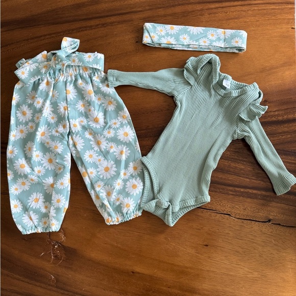 NEW Sage Green Baby Girl Outfit with Daisies 3-6M - Picture 1 of 4